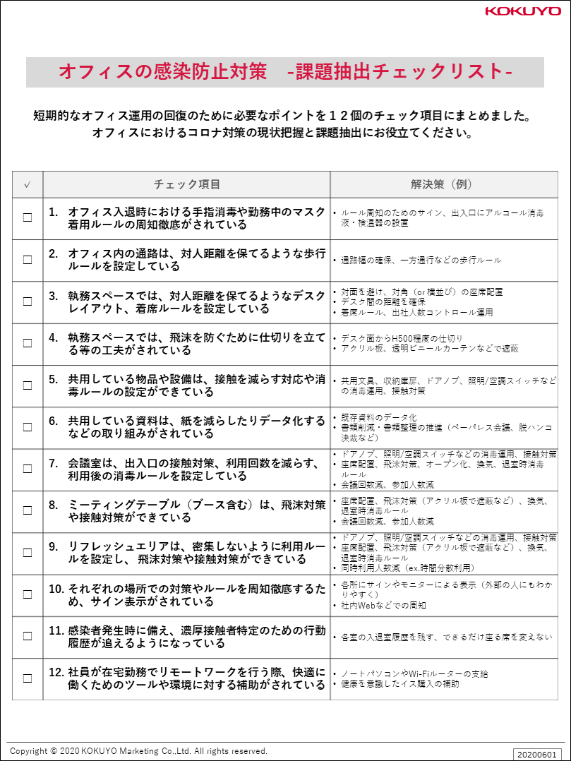 オフィスの感染防止対策 課題抽出チェックリスト コクヨマーケティング